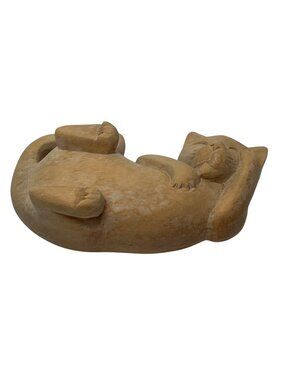 Hand-Carved Sleeping Cat Figurine Made In Indonesia Natural Wood Decor 6 Inches